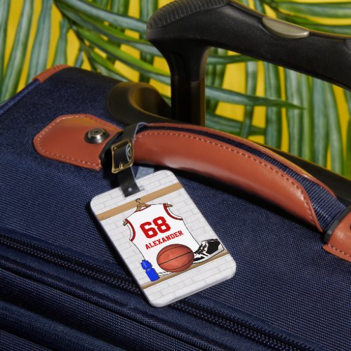 Personalized White and Red Basketball Jersey Luggage Tag