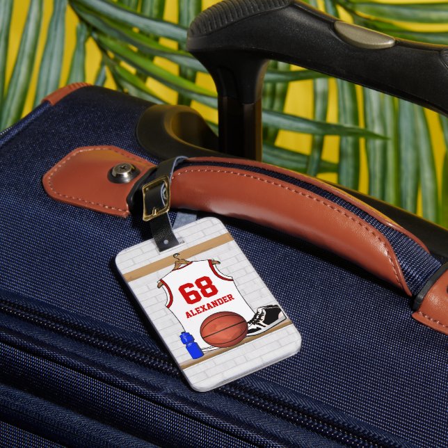 Personalized White and Red Basketball Jersey Luggage Tag (Front Insitu 1)