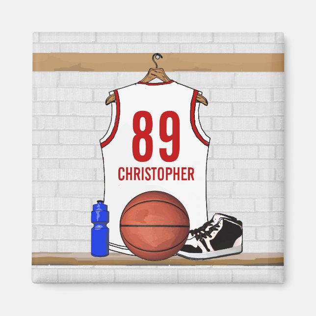 Personalized White and Red Basketball Jersey Magnet (Front)