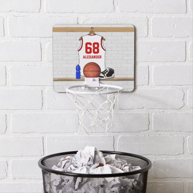 Personalized White and Red Basketball Jersey Mini Basketball Hoop (In Situ)