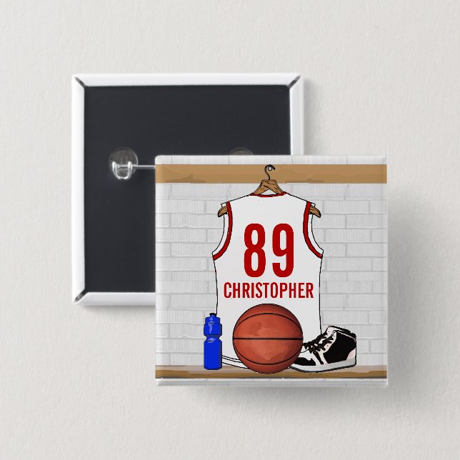 Personalized White and Red Basketball Jersey Pinback Button (Front & Back)