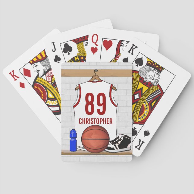 Personalized White and Red Basketball Jersey Poker Cards (Back)