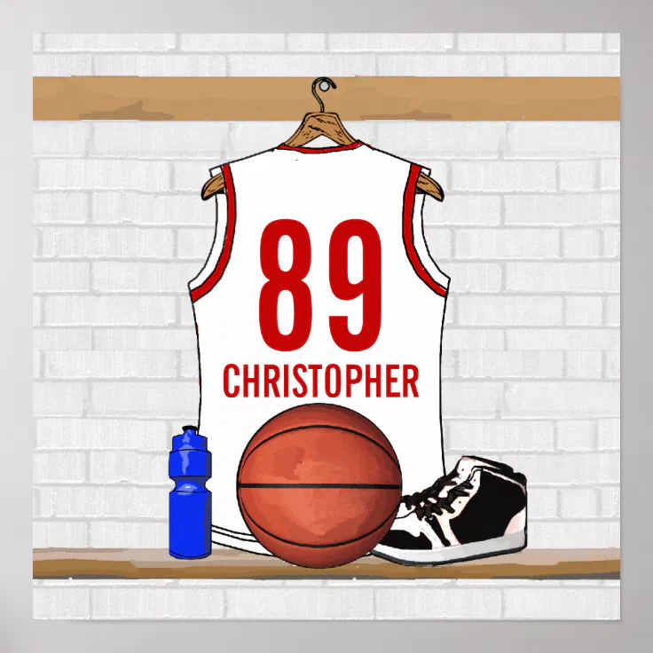Personalized White and Red Basketball Jersey Poster Zazzle