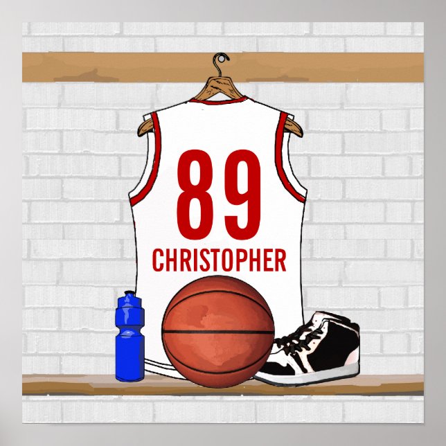 Personalized White and Red Basketball Jersey Poster (Front)