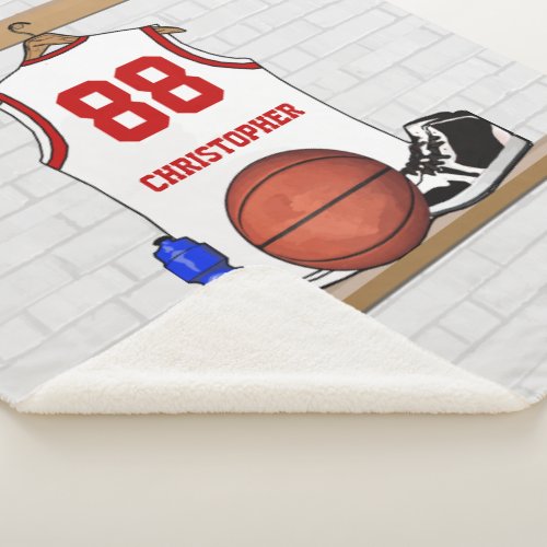 Personalized White and Red Basketball Jersey Sherpa Blanket