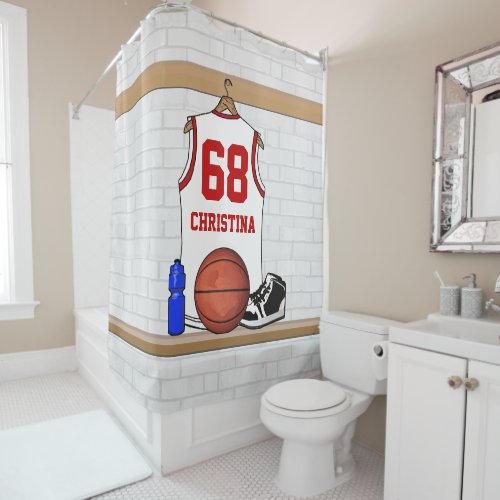 Personalized White and Red Basketball Jersey Shower Curtain