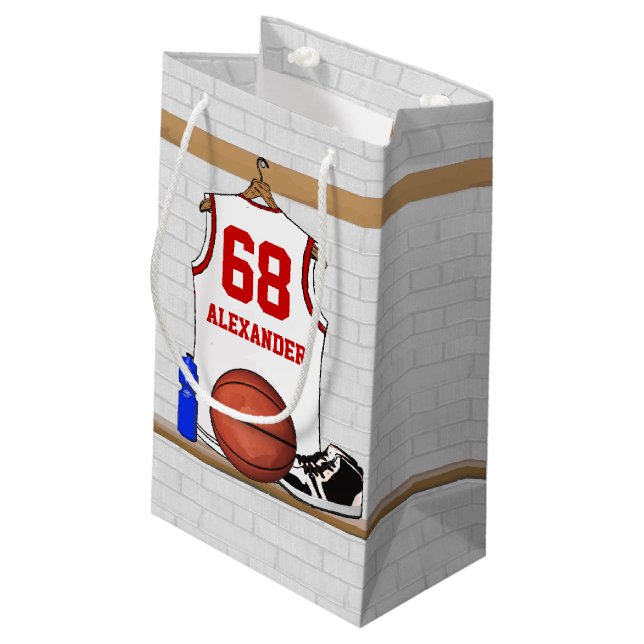 Personalized White and Red Basketball Jersey Small Gift Bag (Back Angled)