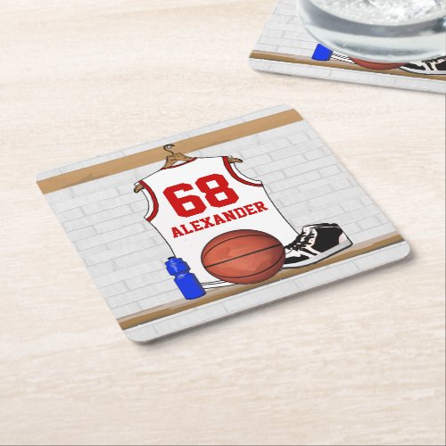 Personalized White and Red Basketball Jersey Square Paper Coaster