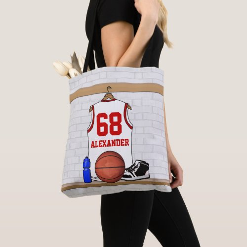 Personalized White and Red Basketball Jersey Tote Bag