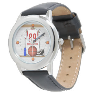 Personalized White and Red Basketball Jersey Watch