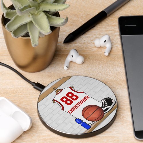 Personalized White and Red Basketball Jersey Wireless Charger