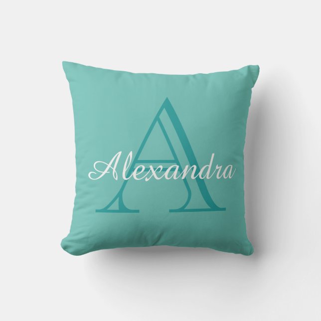 Personalized  White Aqua Teal blue monogrammed  Throw Pillow (Front)