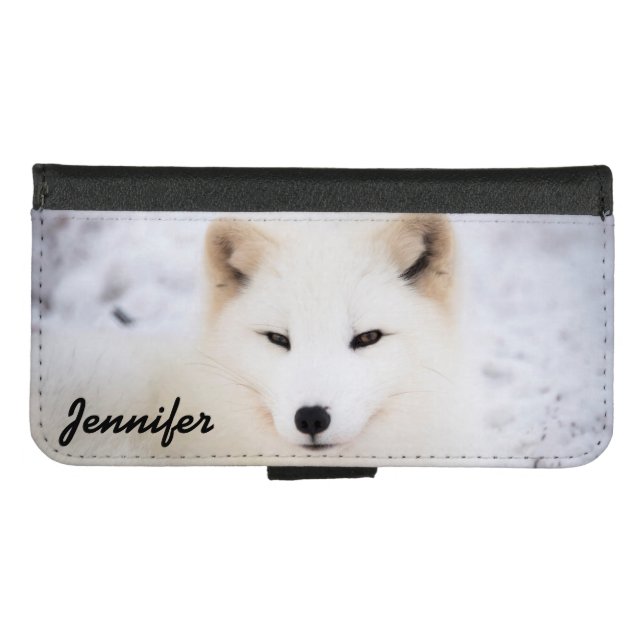 Personalized white arctic fox looking at you iPhone wallet case (Front (Horizontal))