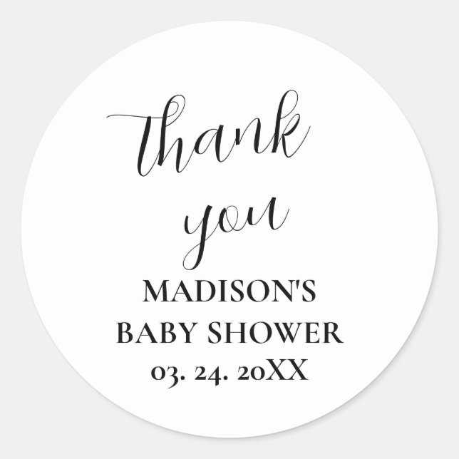 Personalized White Baby Shower Thank You  Classic Round Sticker (Front)