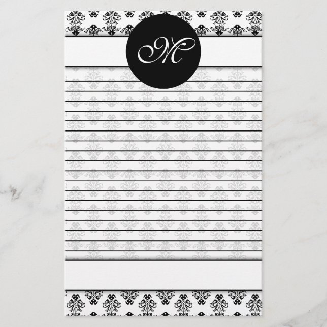 Personalized White & Black Damask Lined Monogram Stationery (Front)