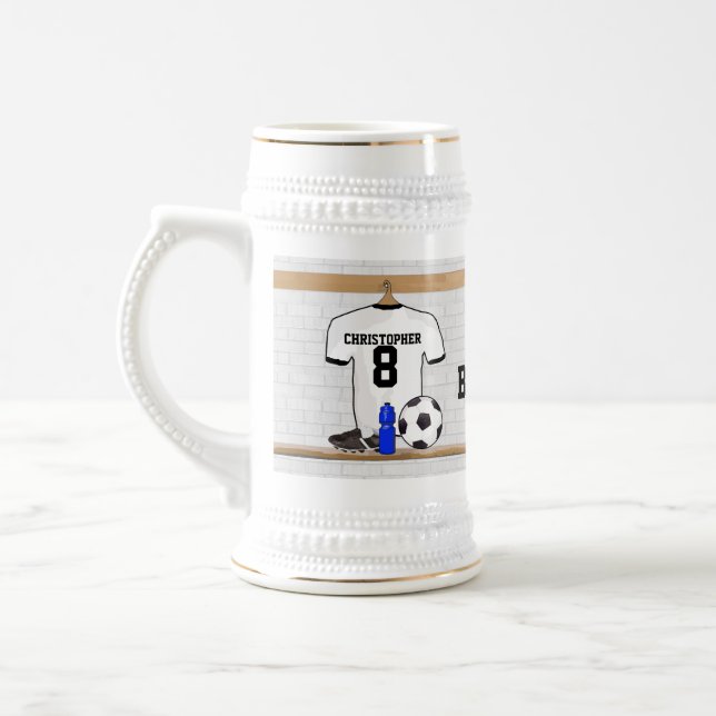 Personalized White Black Football Soccer Jersey Beer Stein (Left)