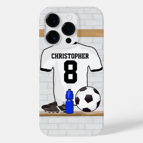 Personalized White Black Football Soccer Jersey Case_Mate iPhone 14 Pro Case