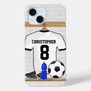 Personalized White Black Football Soccer Jersey iPhone 15 Case