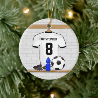 Personalized White Black Football Soccer Jersey Ceramic Ornament