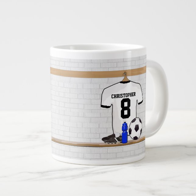 Personalized White Black Football Soccer Jersey Giant Coffee Mug (Front Right)