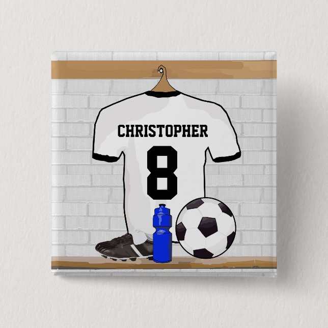 Personalized White Black Football Soccer Jersey Pinback Button (Front)