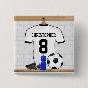 Personalized White Black Football Soccer Jersey Pinback Button