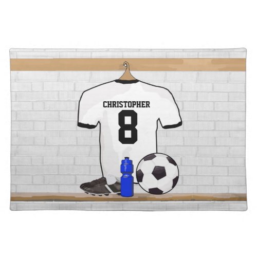 Personalized White Black Football Soccer Jersey Placemat