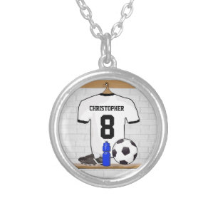 Personalized White Black Football Soccer Jersey Silver Plated Necklace
