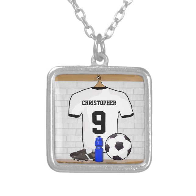Personalized White Black Football Soccer Jersey Silver Plated Necklace (Front)