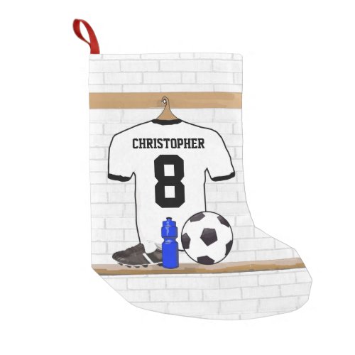 Personalized White Black Football Soccer Jersey Small Christmas Stocking