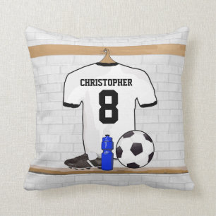 Personalized White Black Football Soccer Jersey Throw Pillow