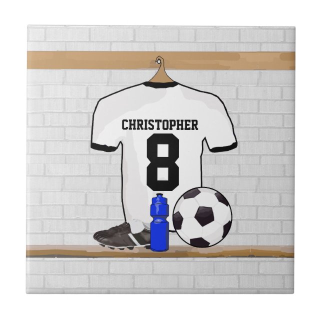 Personalized White Black Football Soccer Jersey Tile (Front)
