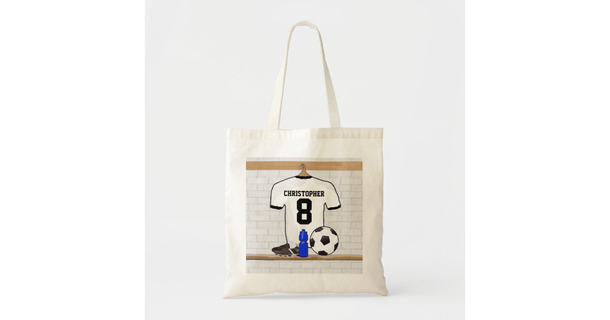 Personalized White Black Football Soccer Jersey Tote Bag | Zazzle