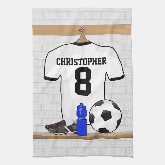 Personalized White Black Football Soccer Jersey Towel (Vertical)