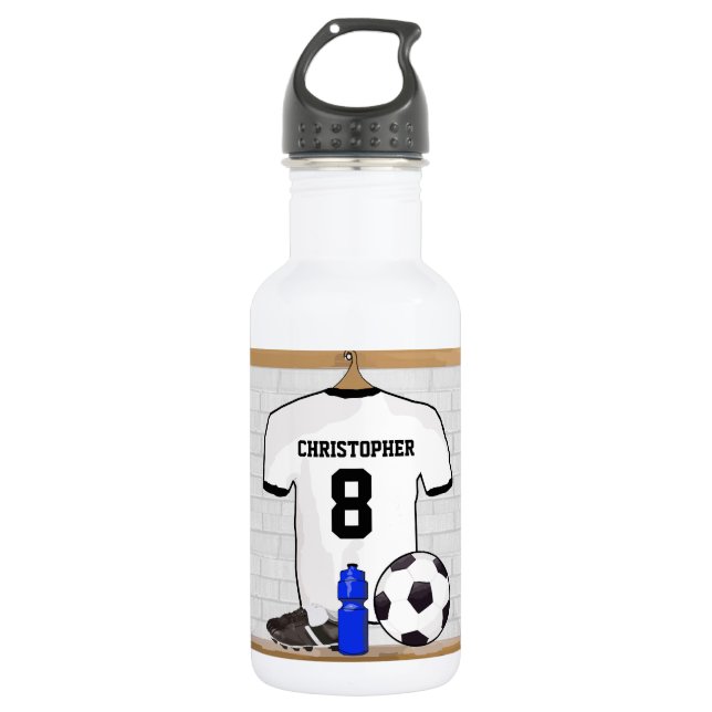 Personalized White Black Football Soccer Jersey Water Bottle (Front)