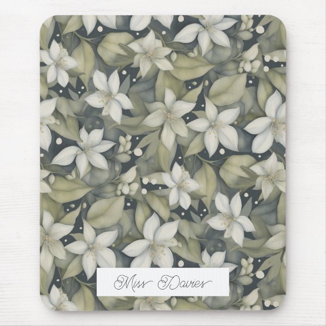 Personalized White Blossoms with Botanical Sage Mouse Pad (Front)