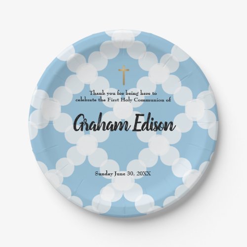 Personalized White Blue Gold Cross First Communion Paper Plates