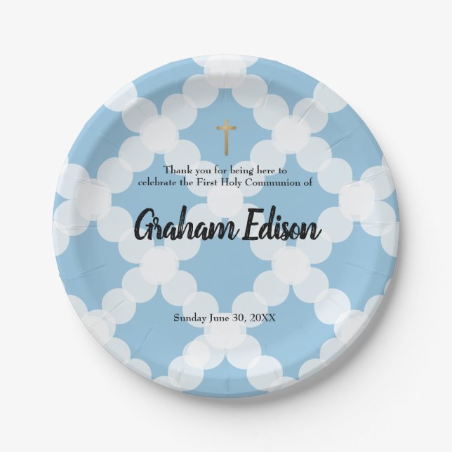 Personalized White Blue Gold Cross First Communion Paper Plates (Front)
