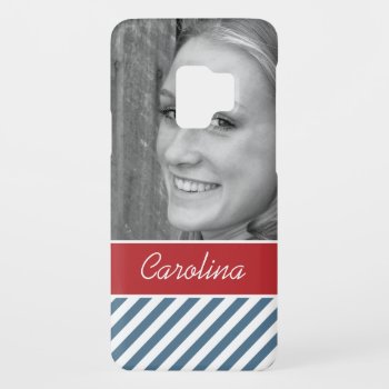 Personalized White Blue Striped Pattern Photo Case-mate Samsung Galaxy S9 Case by red_dress at Zazzle