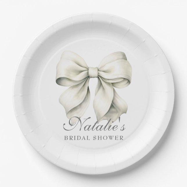 Personalized White Bow Bridal Shower Fancy Paper Plates (Front)
