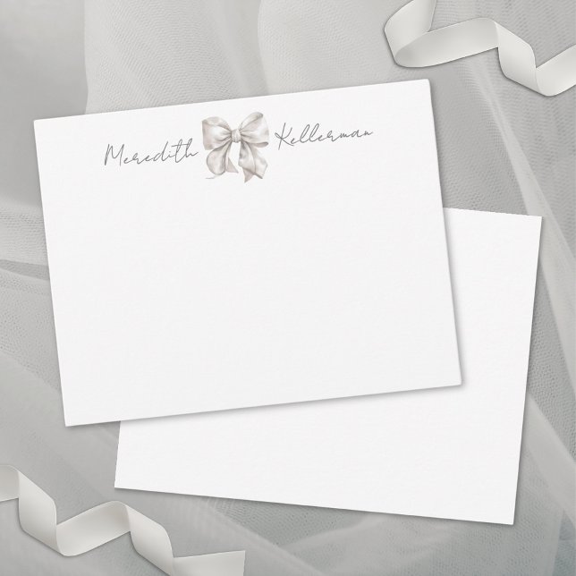 Personalized White Bow Monogram Note Card (Personalized Bow Name Monogram Note Card)