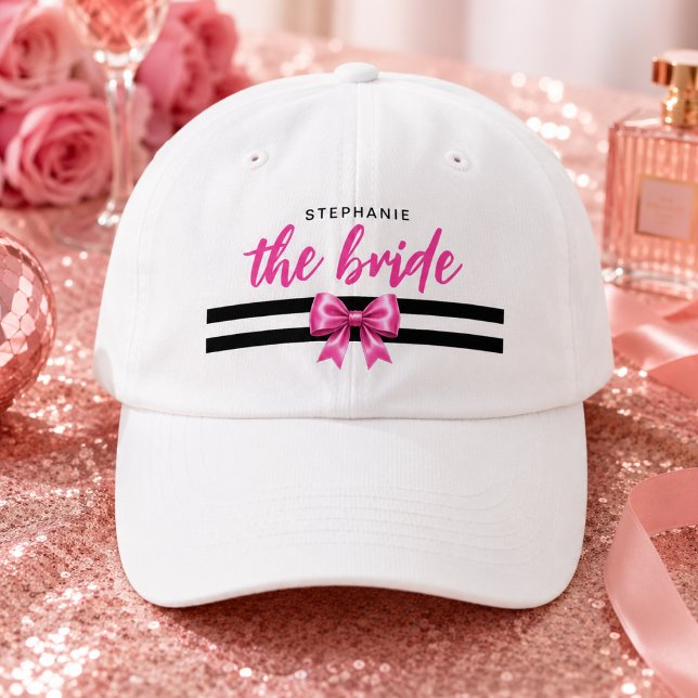 Personalized White Bride Hat with Pink Bow  (Bride hat with pink bow)