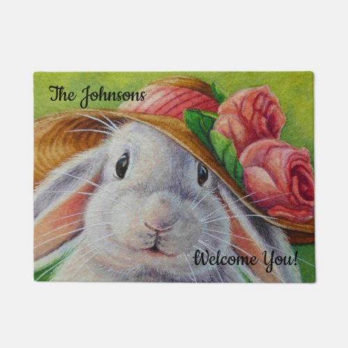 Personalized White Bunny Rabbit in Spring Bonnet Doormat