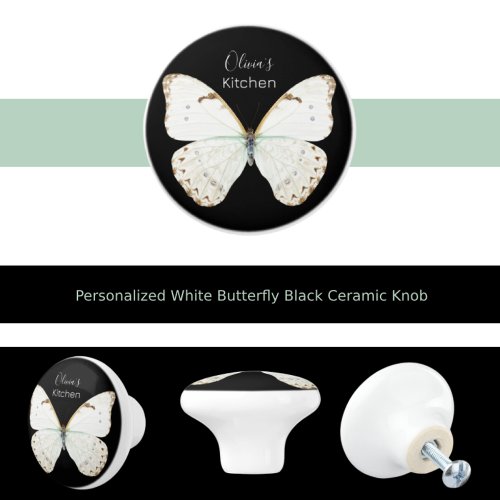 Personalized White Butterfly Black Ceramic Knob