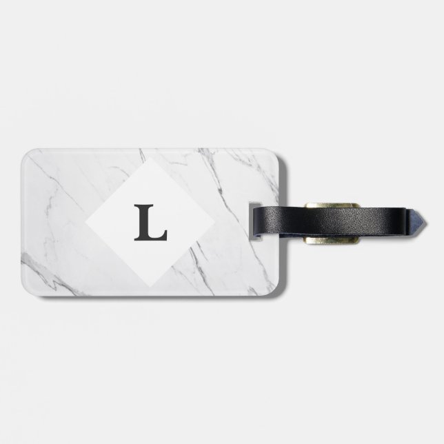 Personalized White Carrara Marble luggage tag (Back Horizontal)