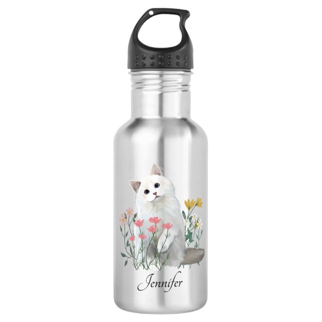 Personalized White Cat Flowers | Custom name Stainless Steel Water Bottle (Front)