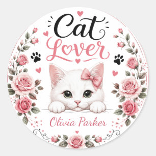 Personalized White Cat Lover Name Pink Roses Classic Round Sticker