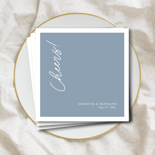 Personalized White "Cheers!" Dusty Blue Wedding Napkins (Personalized White "Cheers!" Dusty Blue Wedding Napkins)