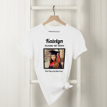 Personalized White Class of 2024 Graduation Photo T-Shirt<br><div class="desc">Modern and minimal white graduation t-shirt design features a square photo of the graduate framed in black with simple and classic first name,  class year,  and school name wording that can be personalized. Shirt colors and style can be modified to coordinate with school or party colors.</div>