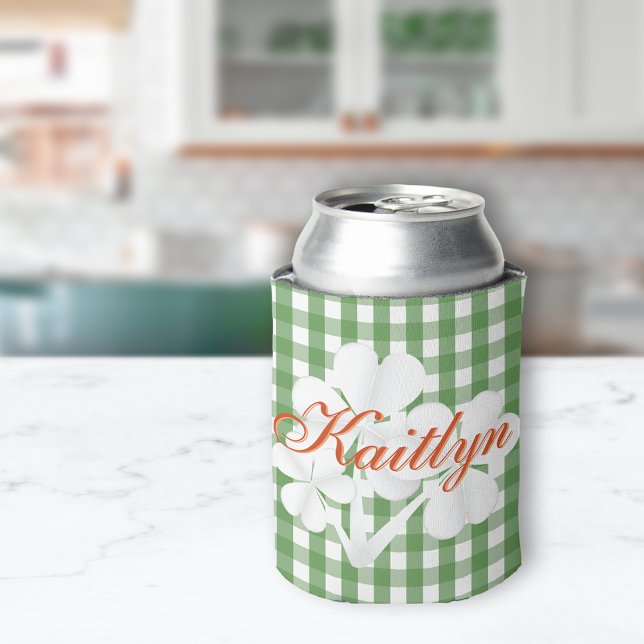 Personalized White Clovers Green Gingham Can Cooler (Creator Uploaded)